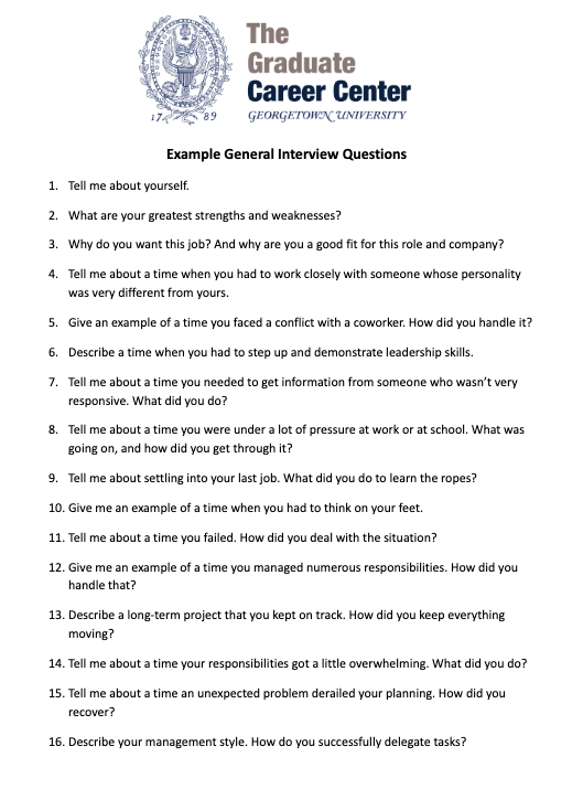 Screenshot of the Graduate Career Center's guide on example interview questions.